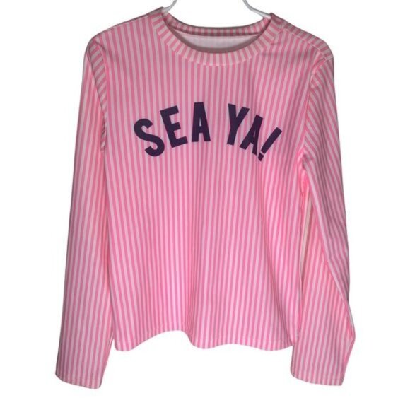 Gap Kids “SEA YA!” Rash Guard Girls Size M Pink Stripe Long Sleeve Swim - Picture 1 of 10
